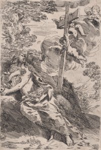 Maria Magdalena i öknen, ett kors som bärs av änglar till höger, ca. 1630. av Pietro Testa