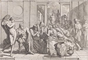 Platons symposium: Sokrates och hans följeslagare satt runt ett bord och diskuterade ideal kärlek..., 1648.