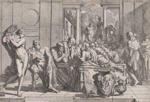 Platons symposium: Sokrates och hans följeslagare satt runt ett bord och diskuterade ideal kärlek..., 1648.
