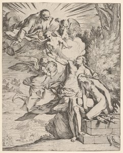 Isaks offer: en ängel trycker mot den dolkbärande armen av Abraham, som ..., ca.1645-50. av Pietro Testa