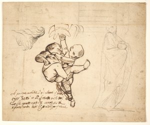 Studie för två lekande putti, löv och en draperad figur med en urna av Pietro Testa