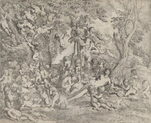 The Garden of Venus som vilar i centrum inför en herm av Pan och omgiven ..., ca. 1631-37.