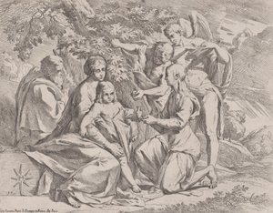 Den heliga familjen matad av änglar, ca. 1642-44. av Pietro Testa