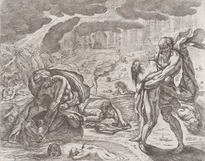 Syndfloden, figurer som dras upp ur vattnet, ca. 1640-42. av Pietro Testa