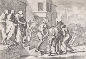 Den förlorade sonens avgång, som visas på väg att kliva upp på en häst, från en serie om fyra..., ca. 1645. av Pietro Testa
