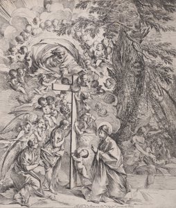 Drömmen om St Joseph, som sover till höger, Jungfrun och barnet vid en kro..., ca. 1635-37. av Pietro Testa
