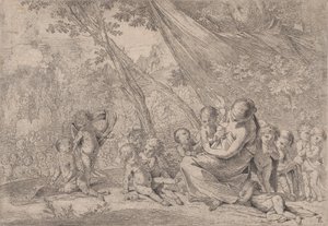 Välgörenhetens trädgård, kvinna som representerar välgörenhet till höger omgiven av barn, ..., ca. 1631-37. av Pietro Testa