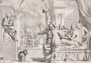 Den förlorade sonen sitter på en soffa och serveras vin, festglada i bakgrunden, en mo..., ca. 1645. av Pietro Testa