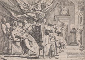 Filosofen Catos självmord, som ligger på sin säng och drar ut inälvorna, såg f..., 1648.