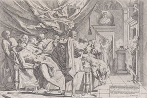 Filosofen Catos självmord, som ligger på sin säng och drar ut inälvorna, såg f..., 1648.