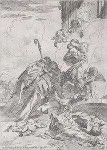Tre Lucchese helgon Sts Nicholas Tolentino, Nicholas av Bari förbön med..., ca. 1630-31. av Pietro Testa
