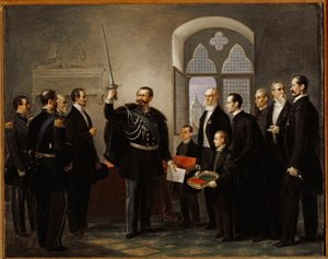 Vittorio Emanuele II av Savojen, i Pistoia, svängande svärdet av gibelin condottiere Castracani av Pietro Ulivi