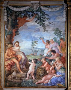 Allegori över de fyra tidsåldrarna, den gyllene tidsåldern Fresko av Pietro da Cortona (Sten av Cortona) (1596-1669) 1637 Salle du Poele (Stanza della Stufa), Palatinska galleriet, Palazzo Pitti, Florens