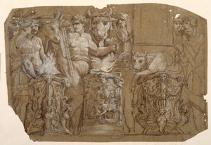 Antik offer och äktenskapet mellan Perseus och Andromeda, efter Polidoro da Caravaggio (ca 1499-1543) (penna & brunt bläck med brun tvätt förhöjd med vit kroppsfärg över preliminärer i svart krita på papper tvättat brunt) av Pietro da Cortona