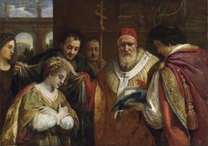 Flavia Domitilla eller Saint Domitilla (död efter 95) tar emot slöjan från påven Clemens I (Saint Clement of Rome, död omkring 99) - Saint Domitilla tar emot slöjan från påven Clemens I - Cortona, Pietro da (1596-1669) - Olja på duk - 123x172,7 - Privat av Pietro da Cortona