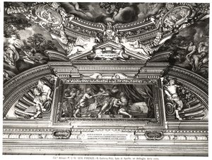 "Sala di Apollo" (Apollons sal) detalj av takdekoration som visar Alexander som läser Homer (fresk) (s/v foto) av Pietro da Cortona