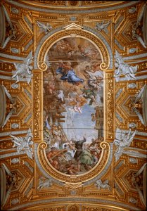 Jungfrun visar sig för den helige Philip Neri (Filippo Neri) under byggandet av kyrkan Utsikt över fresker av valvet av Peter av Cortona (Pietro da Cortona) (1596-1669) (Miracle of the Madonna della Vallicella av Pietro da Cortona, takfresk