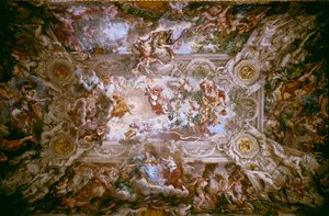 Barberinis ära: "Den gudomliga försynens triumf" Allegori om försynen och den gudomliga kraften hos familjen Barberini (påven Urban VIII). Fresk av stenen från Cortona (Pietro Berrettini dit Pietro da Cortona (1596-1669) som dekorerar taket på Barb