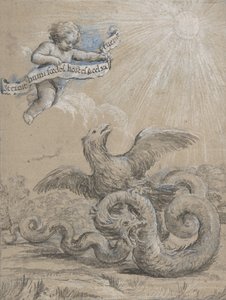 Design med en örn som slåss med en orm och en putto i himlen som håller..., 1600-talet. av Pietro da Cortona
