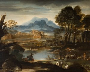 Landskap med en sjö och en muromgärdad stad, 1635. av Pietro da Cortona