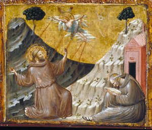 St Francis tar emot Stigmata (tempera och guld på trä)