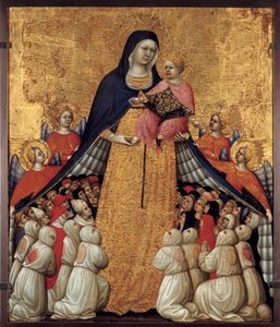 The Virgin of Misericorde: Altartavla av Pietro da Recanati, känd som Pietro di Domenico da Montepulciano (aktiv 1418 död mellan 1427 och 1432) Mått 0,54 x 0,43 m. Avignon, Musee du Petite Palais - Barmhärtighetens jungfru. Altartavla av Pietro da Recanati av Pietro di Domenico da Montepulciano