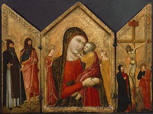 Madonna and Child, the Crucifixion, and Saints, ca 1340-1370 (tempera och bladguld på panel) av Pietro follower of Lorenzetti