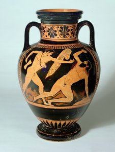 Hals-amfora med röd figur som föreställer Theseus på väg att döda Procrustes, 480-470 f.Kr. (lera) av Pig Painter