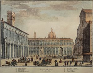 Italien, Bologna, Piazza Maggiore eller Piazza Grande, av Pio Panfili, gravyr av Pio Panfili