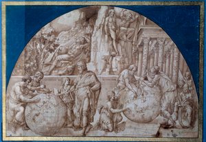 Astronomi allegori. Forskare gör mätningar på jordklot. Teckning med brunt bläck av Pirro Ligorio (cirka 1500-1583) 1500-talets Paris, Louvren