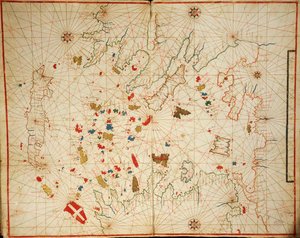 Egeiska havet, ur portolanatlas bestående av sex kartor, av Placido Caloiro och Francesco Oliva, Pergament. 1646.