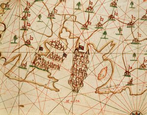 Ön Malta, från portolan atlas bestående av sex sjökort, av Placido Caloiro och Francesco Oliva, Parchment. 1646.
