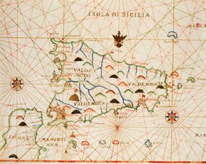 Sicilien från portolan atlas bestående av sex diagram, av Placido Caloiro och Francesco Oliva, Parchment. 1646.
