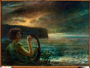 Fullmåne, hyllning till en feminin gudom, spelar lyra i ett havslandskap med stormig himmel (olja på duk