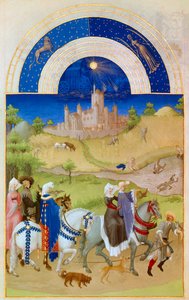 Augusti: Herrar går genom fälten medan bönderna sköter skörden och badar. Längst ner: slottet Etampes. Miniatyr i "The very rich hours of the Duke of Berry" av Pol De Limburg (1400-talet). Chantilly, Musee Conde