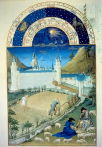 Juli: "" Le chateau de Poitiers, skörde- och klippscen""" flamländsk miniatyr av Pol De Limburg (1400-talet) från manuskriptet "" The very rich hours of the Duke of Berry"""