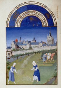 juni: hö. På baksidan, palatset i det flamländska miniatyrkapellet i Pol De Limburg (1400-talet) från manuskriptet "The very rich hours of the Duke of Berry""