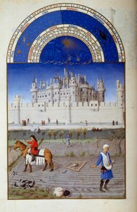 Oktober: sådd. I bakgrunden den flamländska Louvren-miniatyren av Pol av Limburg från "The Book of Good Moors"" av Jacques den store (1360-1415/1418), tillägnad John Duke of Berry
