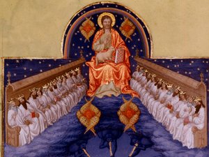 Saint John a Patmos. "" Miniatyr i "" The very rich hours of the Duke of Berry"" av Pol De Limburg (1400-talet). Chantilly, Musee Conde