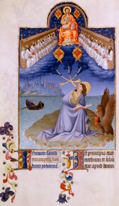 Saint John a Patmos. "" Miniatyr i "" The very rich hours of the Duke of Berry"" av Pol De Limburg (1400-talet). Chantilly, Musee Conde