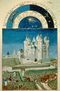 September: skörd. I bakgrunden slottet Saumur Miniature Flemish av Pol De Limburg (1400-talet) från manuskriptet "The very rich hours of the Duke of Berry""