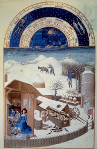 Februari månad: snö I förgrunden, en gård med fårstall, jordbruksarbete, trädfällning - Miniatyr i "The very rich hours of the Duke of Berry" av Pol De Limburg (1400-talet). Chantilly, Musee Conde - Februari: Snö (scen i en gård med kvickhet