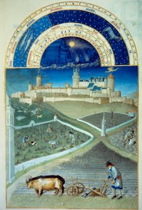 Mars månad: plöjningen I förgrunden, jordbruksarbete, bönder som plöjer en åker, vinstockarnas storlek, längst ner slottet Lusignan - Miniatyr i "" Les tres riches heures du Duke de Berry"" av Pol De Limburg (1400-talet) - C