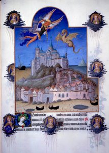 Utsikt över Mont Saint Michel (Mont-Saint-Michel): ärkeängeln Saint Michel och drakvingen är representerade stridande i luften. Flamländsk miniatyr från Pol de Limburg från "The Book of Good Morors"" av Jacques den store (1360-1415/1418), tillägnad Johanne