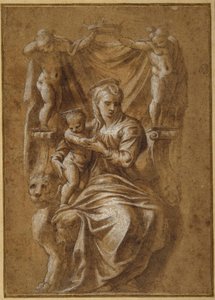 The Madonna and Child tronade (penna & brunt bläck med kroppsfärg på papper) av Polidoro da (follower of) Caravaggio
