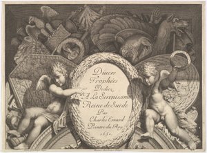 Titelsidan för Divers Trophées Weapon Trophies efter fasaden på Palazzo Milesi i Rom, 1651 av Polidoro da Caravaggio