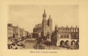 Krakow-Krakau: Stora marknadstorget med Mariakyrkan (svartvitt foto) av Polish Photographer