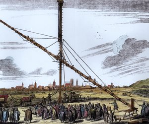 Det stora astronomiska teleskopet av Johannes Hevelius (1611-1687) illustration från Machina Coelestis av Hevelius, Gdansk, publicerad 1670 (senare färgläggning)