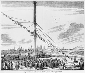 Det stora astronomiska teleskopet av Johannes Hevelius (1611-1687) illustration från Machina Coelestis av Hevelius, Gdansk, publicerad 1670