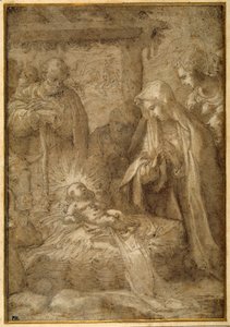The Adoration of the Shepherds (metalpoint, penna och bläck med tvätt och gouache på papper) av Pompeo (fl.1569 71) (attr. to) Cesura